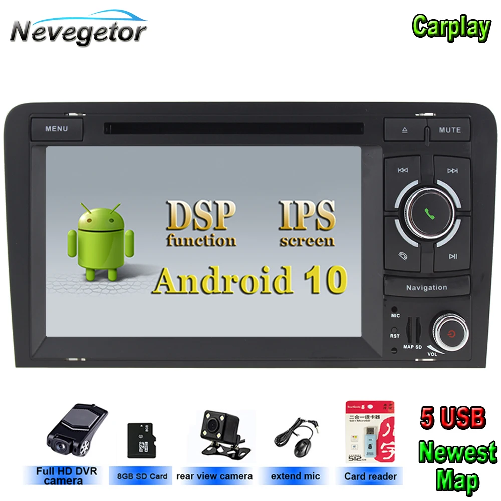 DSP Android 10 ips Автомобильный мультимедийный плеер 2 din для Audi A3 S3 2003-2013 WiFi радио с Bluetooth и GPS стерео сенсорный экран