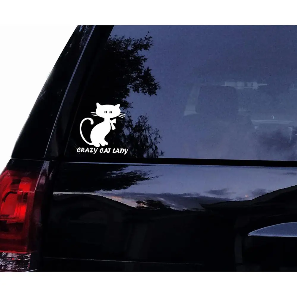 

4in White Tshirt Rocket Crazy CAT Lady Silhouette Cat Vinyl Car Decal Laptop Decal Window Car Wall Sticker ()