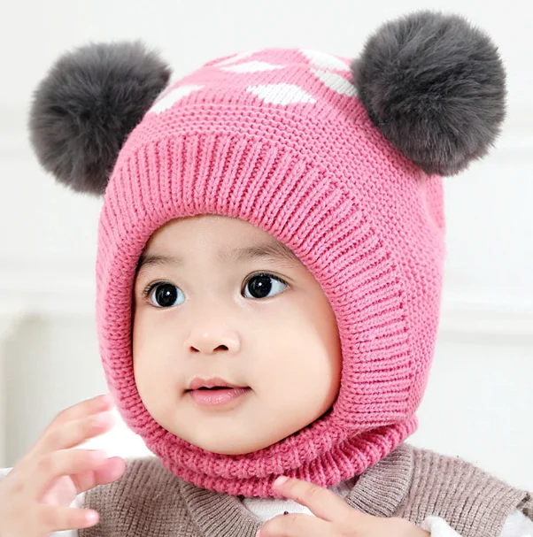 pink Baby hat Autumn and Winter Boy's woolen hat Korean version baby knitted hat - Цвет: pink