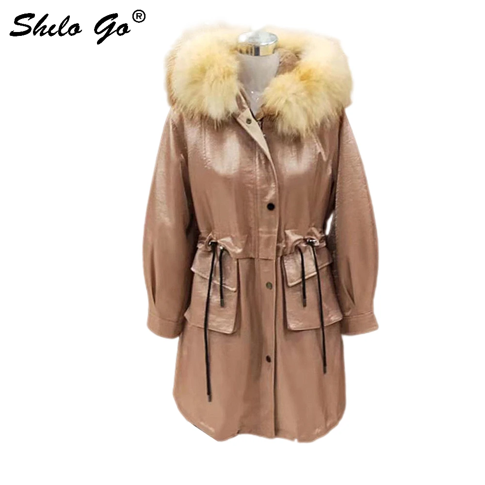 Fur Coat Highstreet Real Raccoon Fur Collar Hooded Drawstring Waist Rabbit Fur Lining Long Coat Women Winter Casual Plus Outwear