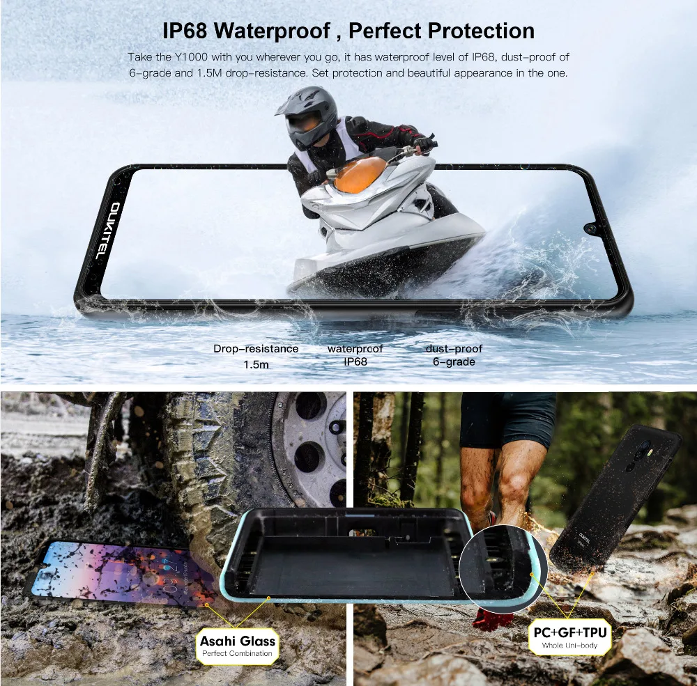 OUKITEL Y1000 Смартфон Android 9,0 MT6580P 2 Гб ОЗУ 32 Гб ПЗУ 3600 мАч IP68 водонепроницаемый прочный мобильный телефон с функцией распознавания отпечатков пальцев