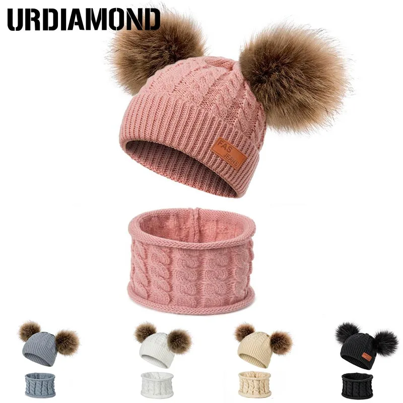 

2019 New Winter Hat Scarf Set For 0-2 Years Boys Girls Children Cotton Warm Pom Poms Twist Pattern Solid Color Cute Unisex Hat