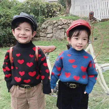 

Children Long Sleeve Cotton Thickened with Love Pattern Plus Velvet Padded Sweaters Baby Kids High Collar Causal Pullover Cloth