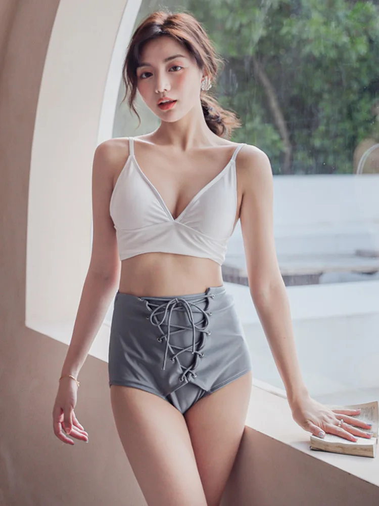 

South Korea INS-Style 2019 New Two-piece Swimsuits Women's Three-piece Set Long Sleeve Conservative Floral High-waisted Belly Co