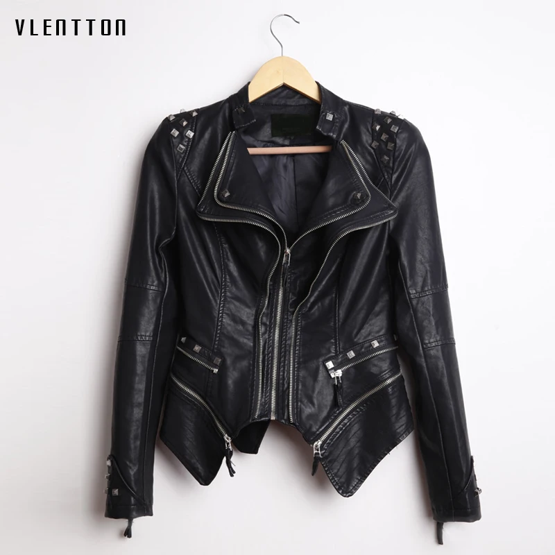 Осенне-зимние куртки из искусственной кожи Женская приталенная Черная