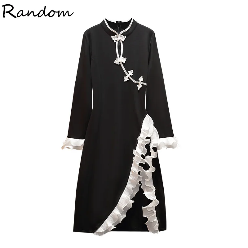 Женское китайское винтажное платье Ципао черно белое осенняя одежда с длинным