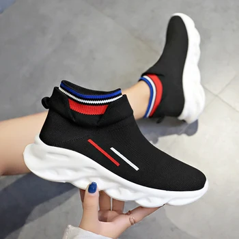 

Brand outdoor waterproof platform shoes couple microfiber womens sneakers Fly woven breathable mesh socks shoes vulcanized shoes