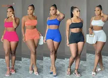 

HAOOHU 2021 Summer Women Suit Strapless Chest Wrap Front Pant Outfit Sling Backless Sexy Sports Fashion Solid Color Tracksuit