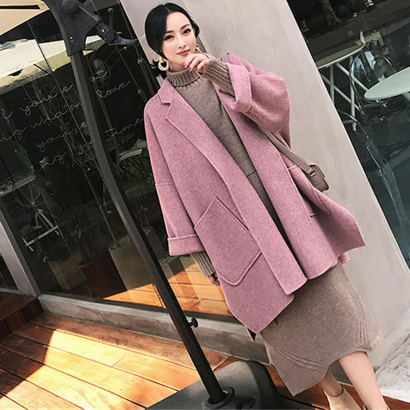 BGTEEVER, Женское шерстяное пальто с отложным воротником и длинным рукавом, элегантное женское пальто большого размера, зимнее твидовое пальто для женщин - Цвет: pink