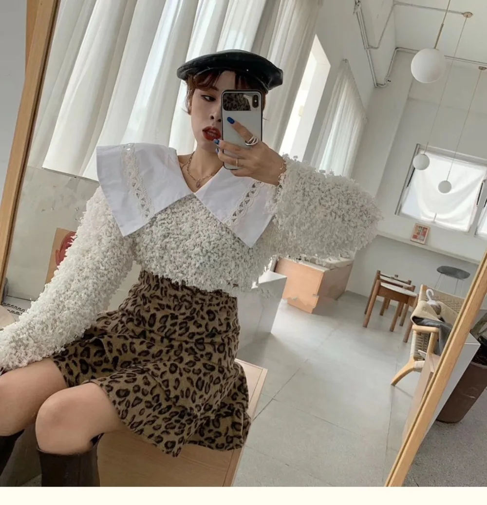 WHITNEY WANG футболка Весенняя модная уличная одежда корейский стиль большой воротник Питер Пэн футболка с изображением «Shaggy» Женская футболка Женские топы