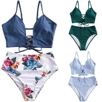 

Bikinis Solid And Print Push Up Bikini 2020 Hot Sale Padded Bra Straps High Waist Swimsuit Bandage Female Swimwear Women Biquin