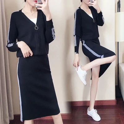 

Women's Autumn Sweater Set High Quaity V-Neck Full Sleeve Striped Zipper Knit Cardigan+Elastic Waist Split Skirt Office Lady Set