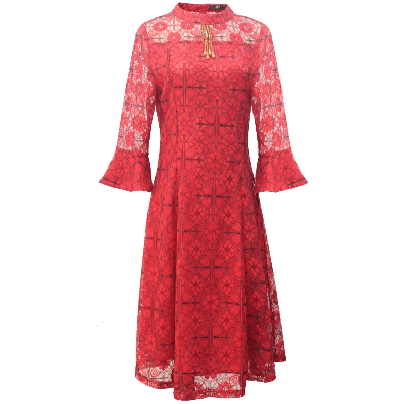 Осеннее уличное женское платье с расклешенными рукавами средней длины красного цвета с круглым вырезом и завышенной талией, облегающее модное ТРАПЕЦИЕВИДНОЕ ПЛАТЬЕ большого размера, вечерние платья