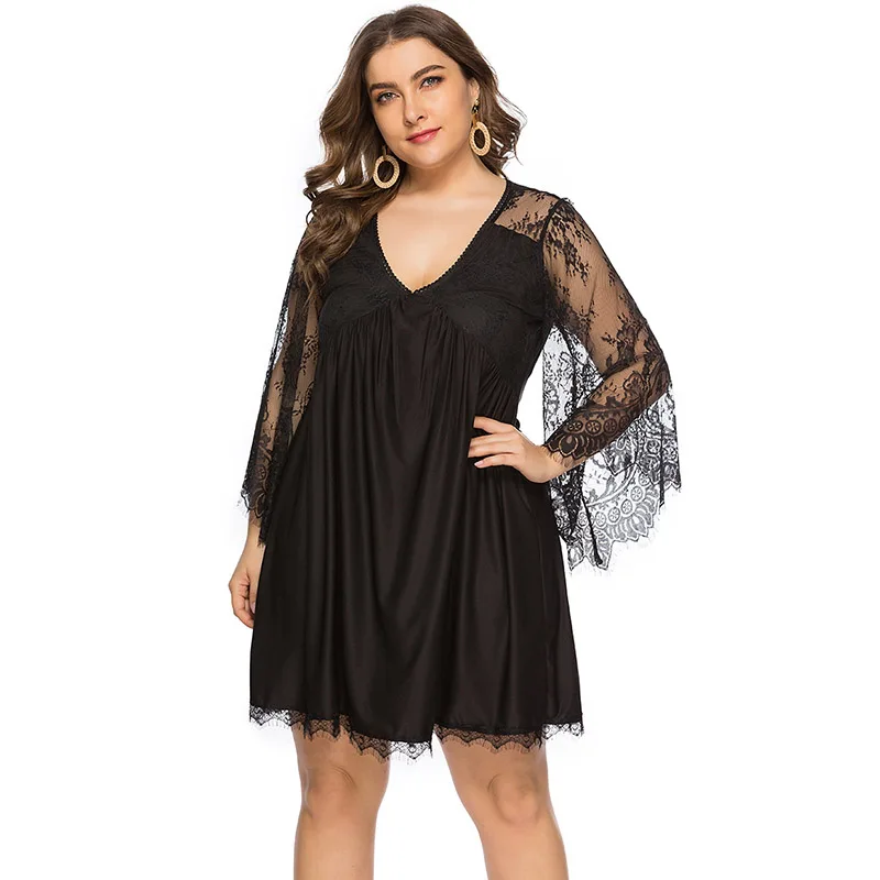 

fashion Plus Size Women Sexy Dress Lace V Collar Long Sleeve Perspective High Waist Party Dress Hollow Out Mini Club Dress