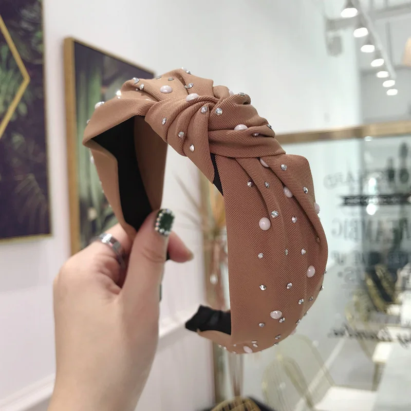 khaki Xugar, стразы, жемчужный узел, повязки для волос, для макияжа, для девочек, одноцветные, Dianmond, ткань, обруч для волос, женские аксессуары для волос - Цвет: khaki