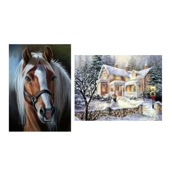 

2 Set Christmas Gifts 5D Diamond Painting Kits Embroidery Decor Snow House-Christmas Snowman Cozy House & White Horse