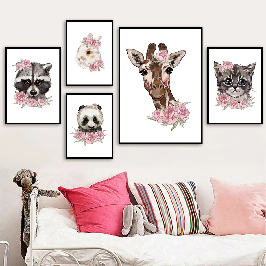 Llama Tiger Sloth Panda Polar Bear Flower Wall Art Canvas Painting Nordic Posters And Prints Wall Pictures Baby Kids Room Decor
