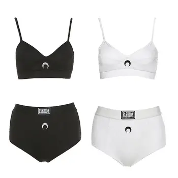 

Women Moon Embroidery Sport Underwear Ribbed Knit Camisole Bra Panties Lingerie