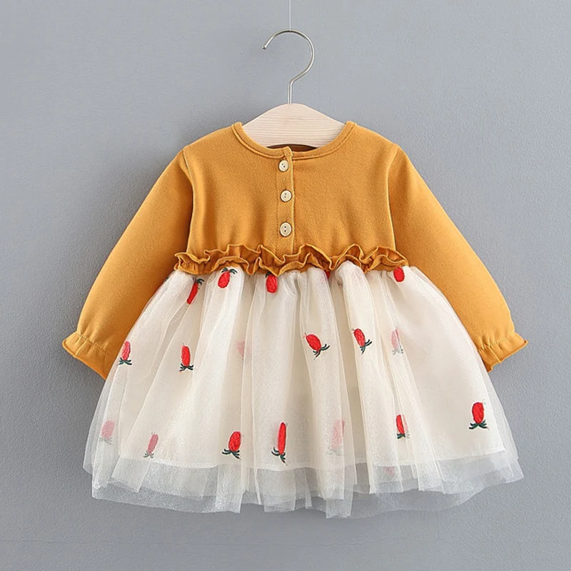 2020 New Baby Girls Floral Mesh Lace Dress Spring Kids Long Sleve Princess Clothes With Button Ball Gown Clothing For Children