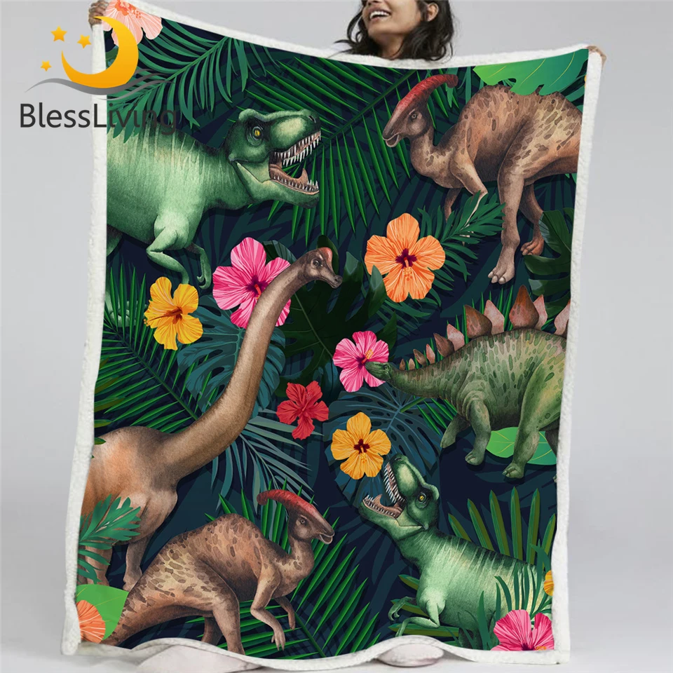 

BlessLiving Jurassic Throw Blanket 3D Dinosaurs Kids Blanket For Bed Tropical Leaf Custom Blanket Tyrannosaurus Plush Bedspreads