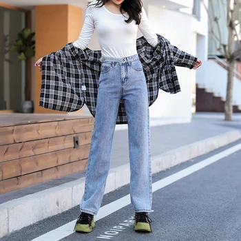 

Vintage Jeans Woman Plus Size Denim Pants Ladies High Waist Jean Femme Wide Leg Trousers Jeans Blue Casual Winter 2019