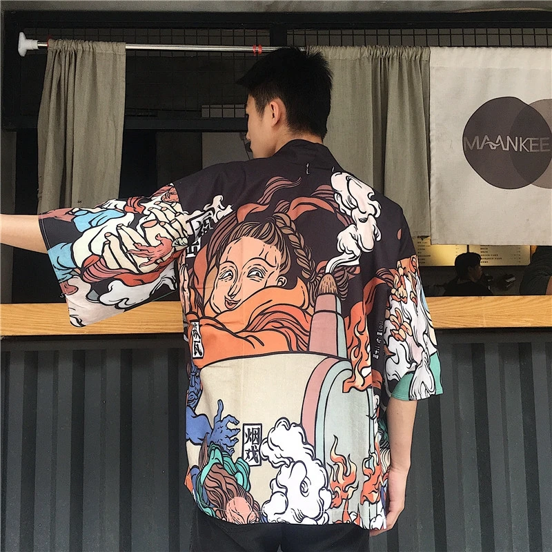 Kimono Men Japanese Kimono Traditional male kimono cardigan men harajuku streetwear samurai costume yukata male haori obi KK0001