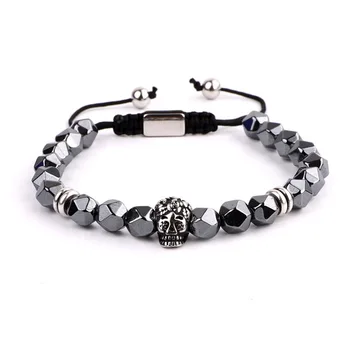 New Fashion Male Skull Bracelet Stainless Steel Skeleton Charm Hematite Pyrite Stone Friendship Bracelet Men Bangle Gift