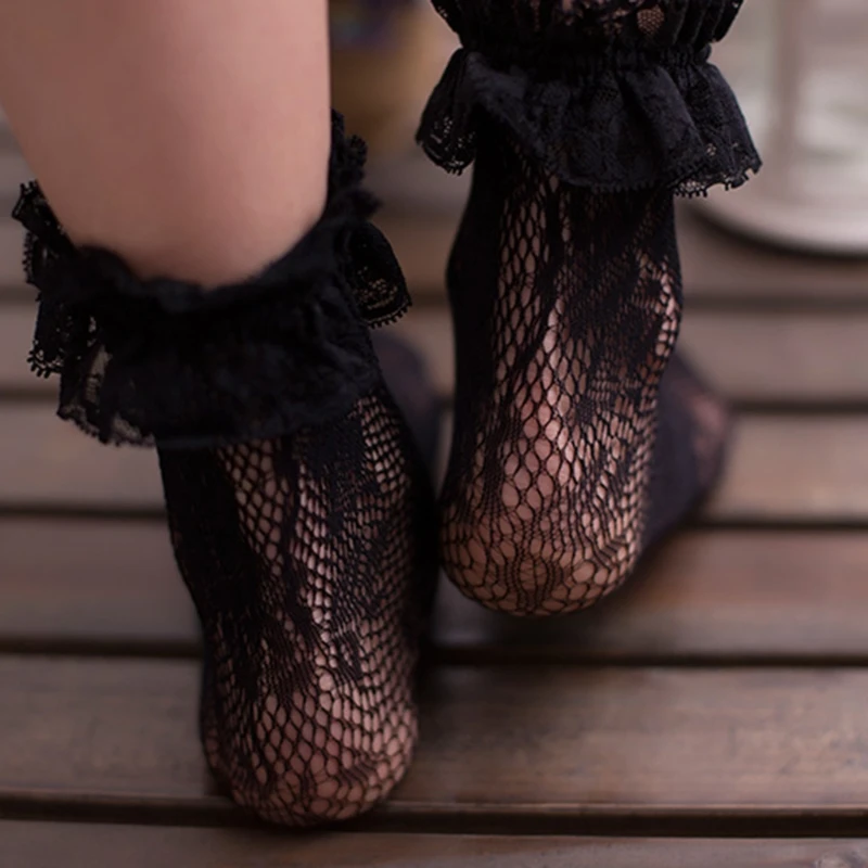 Женские кружевные прозрачные короткие носки в стиле ретро с цветочным принтом и рюшами для принцессы