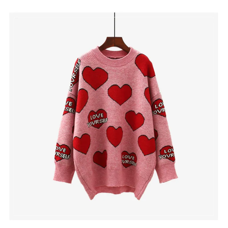 

Autumn Women Sweater Love Heart Letters Printed Long Sleeve Loose O-neck Pullover Sweater Fashion Casual Street Knitwear Sweater