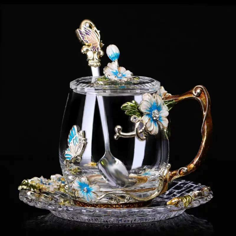Longwin Enamel Glass Mug Butterfly Flower Lead-Free Drinking Tea Cup Coffee  Mugs with Steel Spoon Set for Women Birthday Valentines Wedding Day Gifts