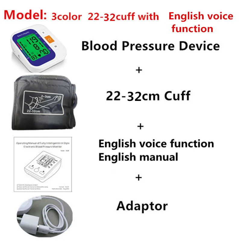 Английский Голос с подсветкой Цифровой верхний рычаг измеритель артериального давления Пульс BP монитор тонометр Сфигмоманометры - Цвет: 3colorenvoice22-32