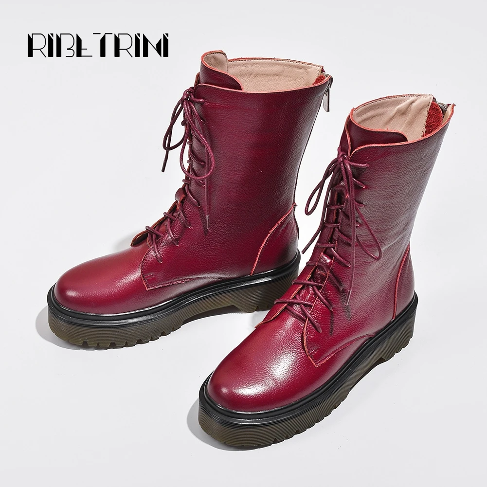 

RIBETRINI Hot Genuine Leather Thick Flat Platform Cow Muscle Sole Lace Up Zipper Closure MId Calf Motorcycle Boots Autumn Shoes
