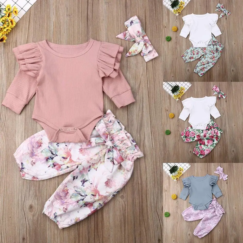 

3pcs Baby Girl Kids Clothes Romper Sets Toddler Baby Girl Ruffle Long Sleeve Romper Tops+Floral Pants+Headband Clothes Outfit