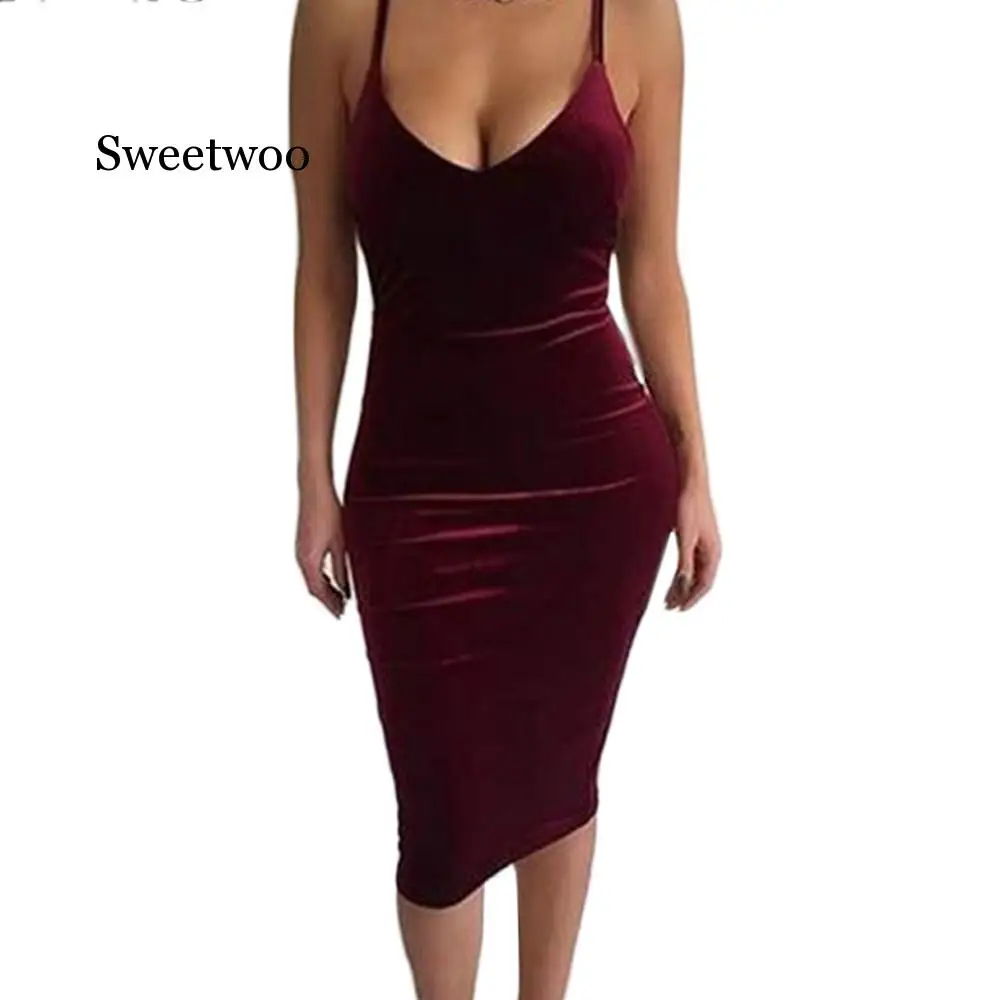 

Sexy Club Velvet Dress Women Spring Sleeveless Deep V Strap Backless Bodycon Bandage Dress Zip Off Shoulder Midi Party Dresses