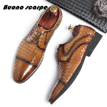 

High Quality Pointed Carved Leather Men Shoes Men Dress Shoes Genuine Leather Weave Shoes Men 2019 New Luxury Fashion Shoes
