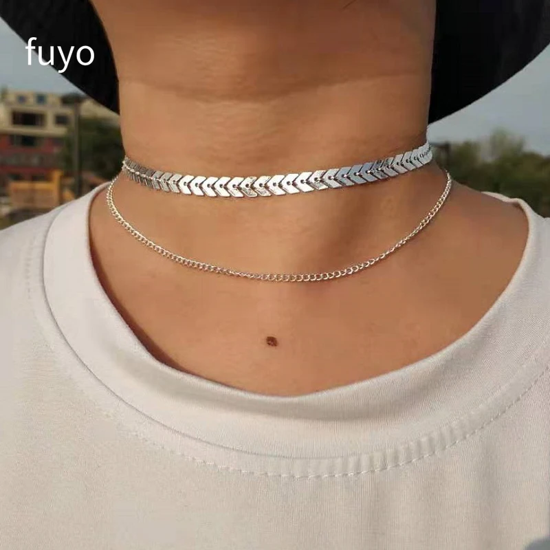 Silver Ожерелье-чокер с несколькими стрелками, женское Двухслойное ожерелье, ожерелье из рыбьей кости, ожерелье «самолетик», плоская цепочка, чокер на шею, ювелирное изделие - Окраска металла: Silver