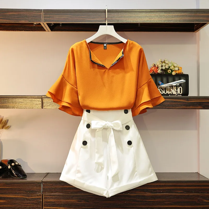 

2019 Large Size Dress Fat Mm Summer New Style Flounced Sleeves V-neck Shirt jia yang Gas Chiffon Wide-Leg Shorts Two-Piece Set