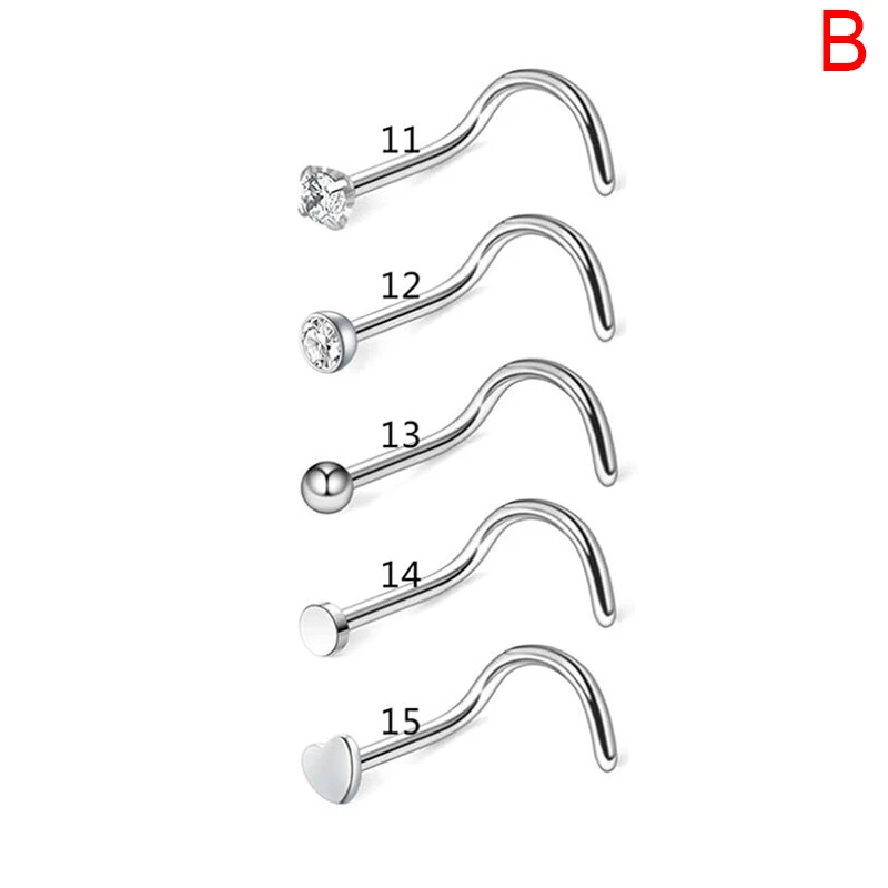 20G Nose Studs Surgical Steel Nostril Studs Screws Nose Ring Hoop Body Piercing Silver Color Heart Stud 5 9 21Pcs