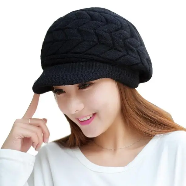 Warm Winter Hats Fashion Women Hat Winter Skullies Knitted Hats Rabbit Fur Cap Women Casual Beanies Female Knitted Cap - Цвет: BK