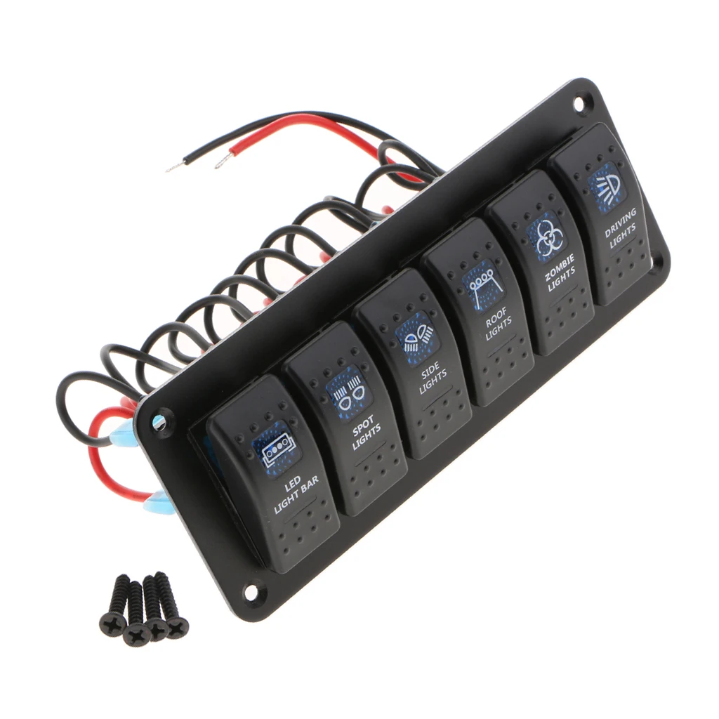 6-Gang Car Marine Boat Circuit LED Rocker Switch Panel W Install Accessories