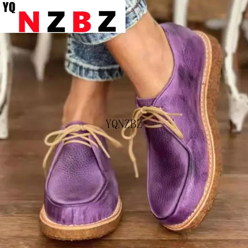 Mocasines planos de Color para mujer, calzado costura con punta redonda y cordones, informales, Retro, de pastel esponja, talla grande, Otoño, 2022|Zapatos planos de mujer| - AliExpress