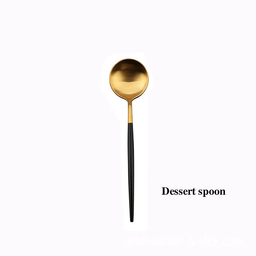 Набор столовых приборов с черной золотой ручкой, набор посуды из нержавеющей стали, многоразовая посуда, вилка, ложка, столовый десертный нож, набор серебряных изделий - Цвет: Dessert Spoon