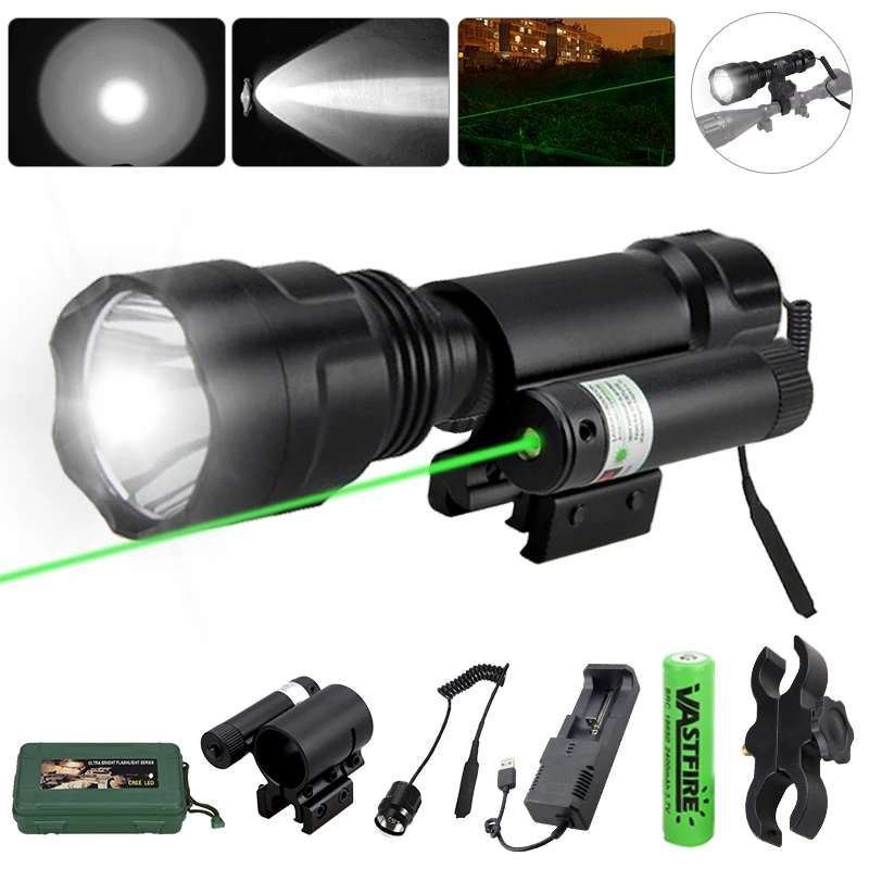 200 Yards Hunting C8 Flashlight Tactical Rifle Light+ Red/Green Laser Dot Scope Sight+Switch+Rail Barrel Mount+18650+Charger+Box