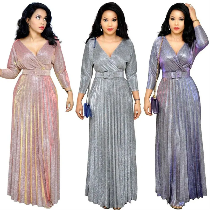 

African Dresses for Women Dashiki African Clothes Pleated Africa Skirts Bazin Sexy Gold Stamp Long Sleeve Evening Long Dress