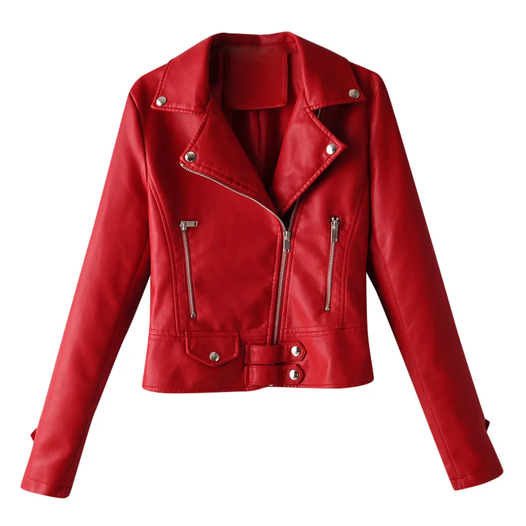 Женская кожаная куртка, пальто, осенне-зимняя байкерская куртка на молнии, короткая укороченная кожаная куртка большого размера, женское уличное пальто# J30 - Цвет: Красный