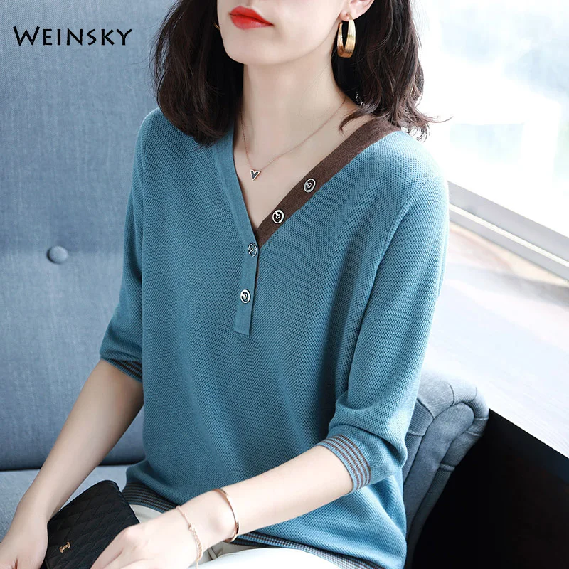 

Women Elegant Knitted Sweater And Pullovers Korean Fashion Style V-Neck Jumper Sweaters 2019 Autumn New Tops