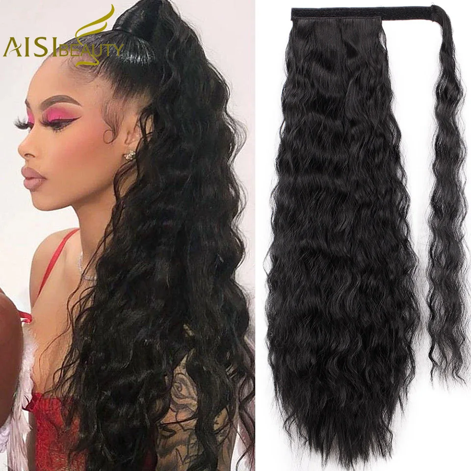 Curly Ponytail Hair-Extensions Natural-Wrap Synthetic-Hair-Pieces Black Long Aisi Beauty