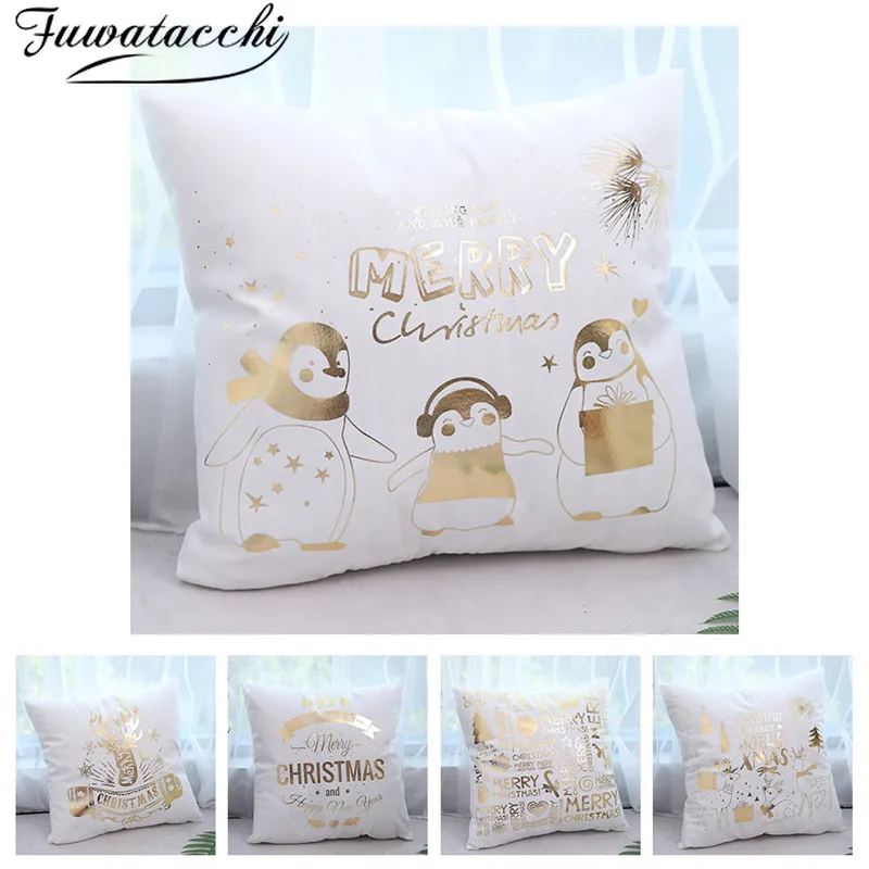 Fuwatacchi Christmas Cushion Cover Black Gold Foil Merry Christmas Pillow Cover Deer Leaf for Home Chair Sofa Decorative Pillows