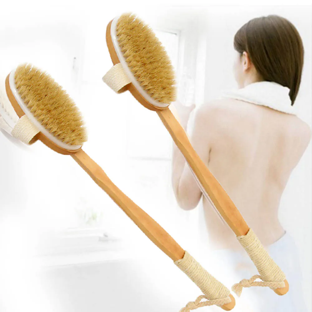 Natural Bristle Bath Brush Long Handle Wooden Bristles Soft Hair Rub Back Shower Brush Remove Horny Massage Brush Lotus Wood