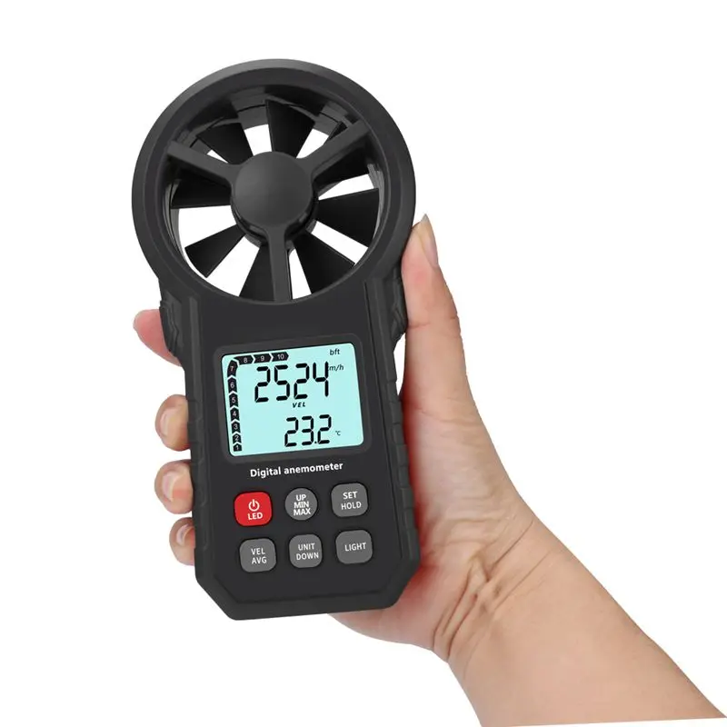 Digital Anemometer LCD Electronic Air Volume Wind Velocity Speed Temperature Value Meter Wind Cold Indicator LED Light Data Hold